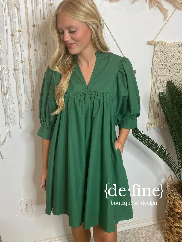 Hunter Green V-Neck Dress with Balloon Sleeves