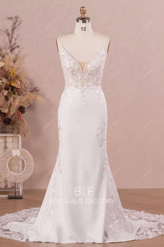 Designer Lace Crepe Plunging Illusion Cutout Train Mermaid Bridal Dress