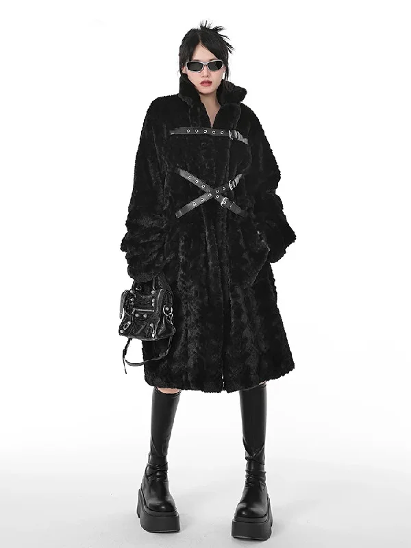 Casual Soft Thick Faux Fur Coat Stand Collar Punk Style Fluffy Coat Bomber Denim Leather
