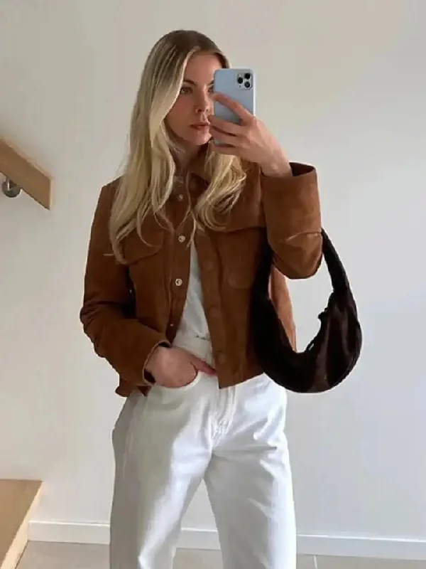 Leah Vintage Suede Short Coat in Brown Fleece Down Feather
