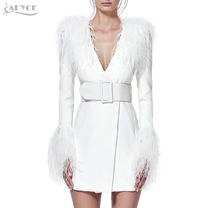 Long Sleeve V-Neck Feather Slim Style Women Coats Raincoat Turtleneck Coat Wrap Coat