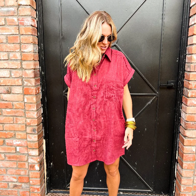 Payton Corded Button Up Dress - MERLOT