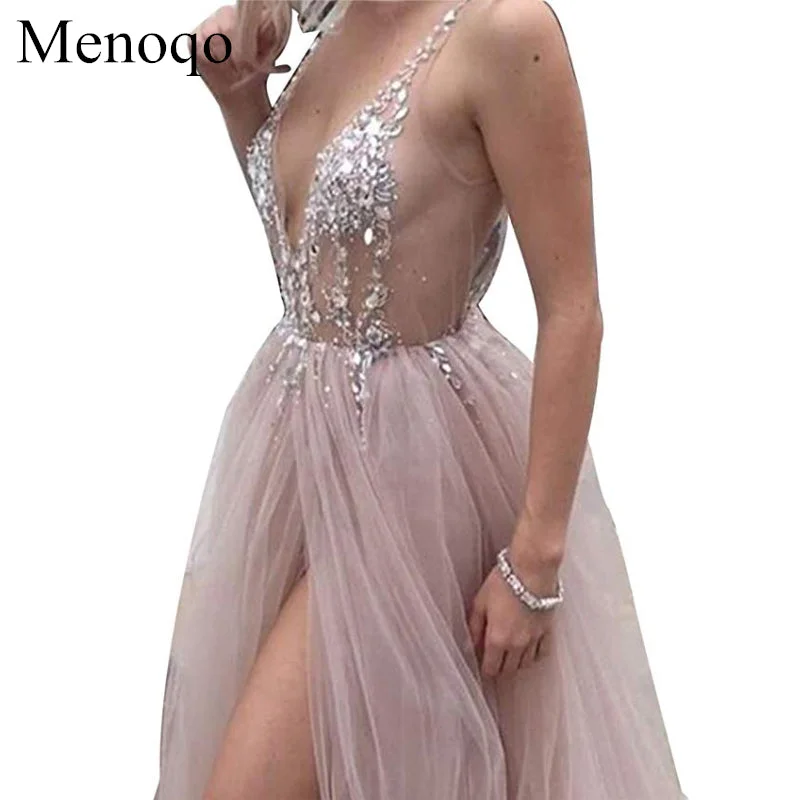 Sexy Tulle Long Prom Dresses 2020 New Arrival Backless Sweep Train Beaded A Line Special Occasion Evening Gowns Custom Made