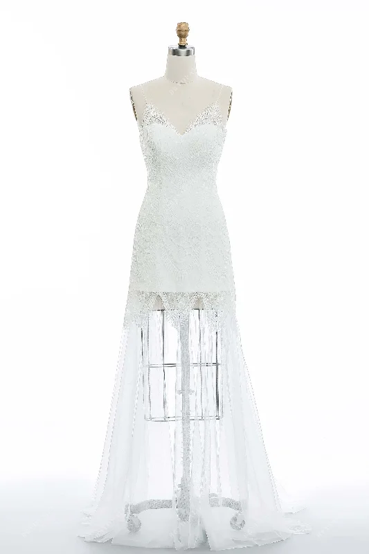 Spaghetti Straps Lace Casual Fit and Flare Elopement Bridal Dress