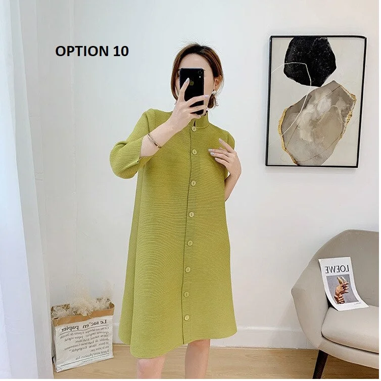 Stand Collar Three Quarter Sleeve Pleated New Single Breasted Loose Solid Color Coat CODE: KAR1086 Print Jacquard Embroidered