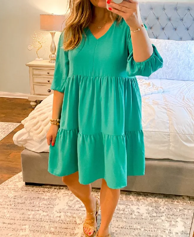 UMGEE V Neck 3/4 Sleeve Tiered Dress Mint