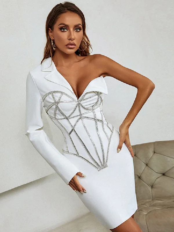 Zjkrl - 2023 Fall New Women's Diamond Beaded Mini Skinny Sexy V-neck Single Sleeve Bandage Dress Celebrity Runway Party Dress Tunics Long Elegant Zjkrl - 2023 Fall New Women's Diamond Beaded Mini Skinny Sexy V-neck Single Sleeve Bandage Dress Celebrity Runway Party Dress Tunics Long Elegant