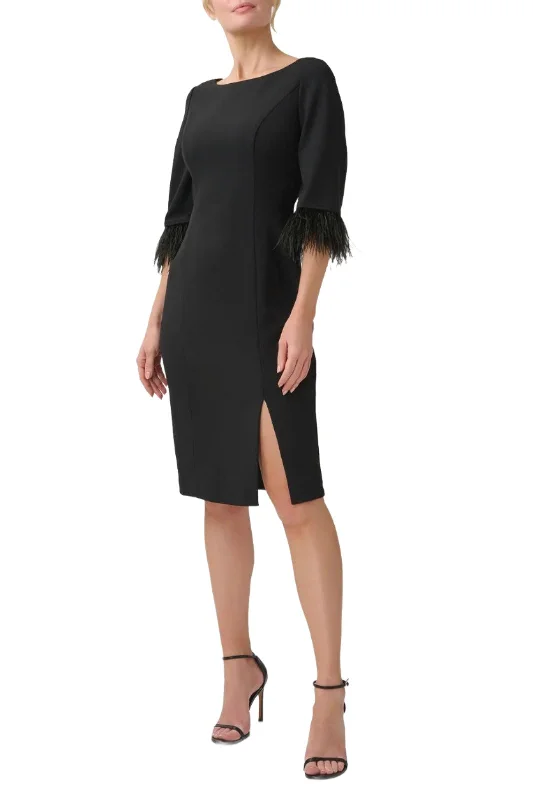 Adrianna Papell Day Boat Neck 3/4 Sleeve Feather Trim Embellishment Back Zipper Midi Dress Tunics Modern contemporary