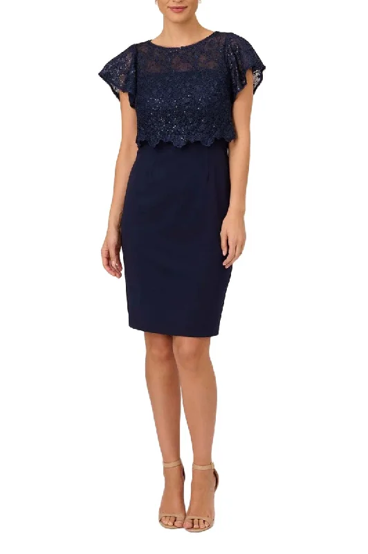 Adrianna Papell Illusion Crew Neck Cap Sleeve Lace Top Blouson Crepe Dress Tunics Designer luxury