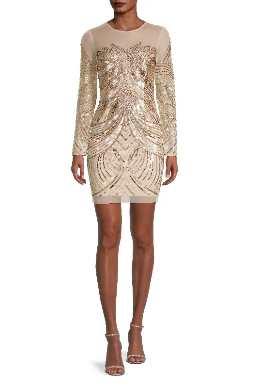 Aidan Mattox Illusion Crew Neck Long Sleeve Bodycon Zipper Back Embellished Mesh Dress Tunics Chic fashionable Aidan Mattox Illusion Crew Neck Long Sleeve Bodycon Zipper Back Embellished Mesh Dress Tunics Chic fashionable
