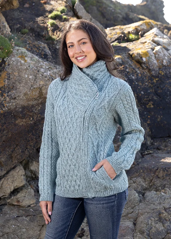 Aran Bikers Claddagh Side Zip Cardigan | Aqua Welt Pockets Slit Pockets Flap Pockets Aran Bikers Claddagh Side Zip Cardigan | Aqua Welt Pockets Slit Pockets Flap Pockets