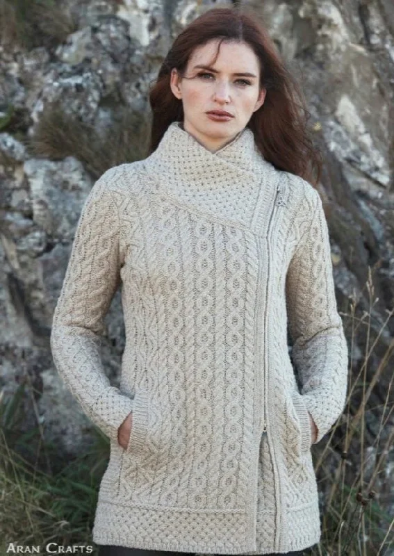 Aran Crafts Athenry Asymmetric Coat | Oatmeal Stand-Up Roll-Neck Turtle