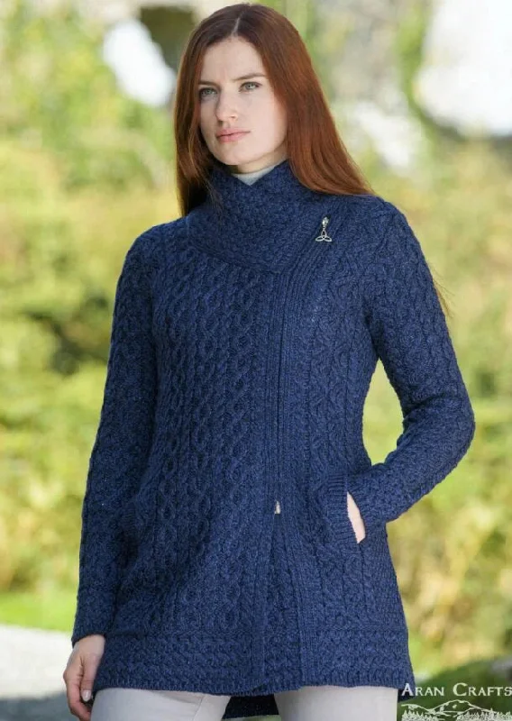Aran Crafts Athenry Asymmetric Coat | Blue Front Pockets Side Pockets Patch Pockets