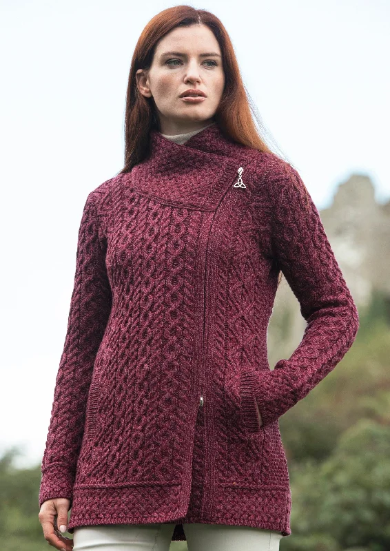 Aran Crafts Athenry Asymmetric Coat | Purple Satin Silk Chiffon