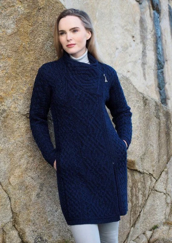 Aran Crafts Cable Knit Side Zip Coat | Blue Hooded Jacket Zipper Jacket Button Jacket Aran Crafts Cable Knit Side Zip Coat | Blue Hooded Jacket Zipper Jacket Button Jacket