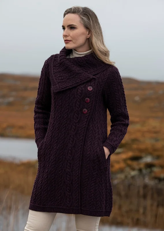 Aran Crafts Chunky Collar Coat | Plum Trench Wool Cashmere