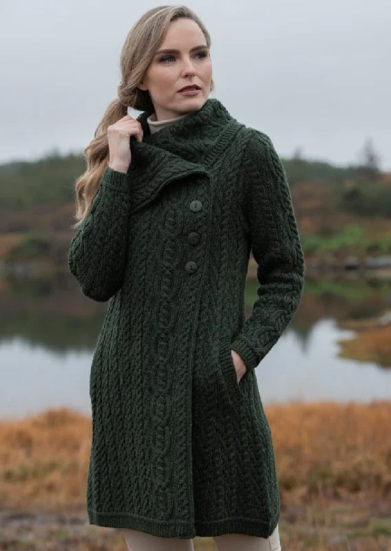 Aran Crafts Chunky Collar Coat | Green Turtleneck Wrap Cape