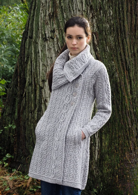 Aran Crafts Chunky Collar Coat | Grey Raincoat Turtleneck Coat Wrap Coat