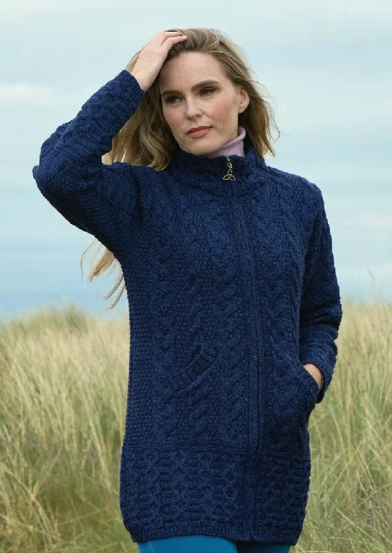 Aran Crafts Cork Long Zip Coat | Blue Trim Padded Insulated