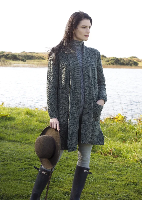 Aran Crafts Long Knitted Coat | Green Cotton Linen Terry