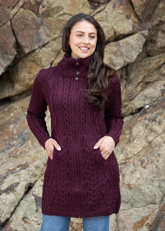 Aran Long Fitted Coat | Burgundy Turtleneck Wrap Cape