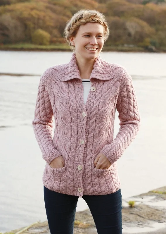 Belcarra Ladies Aran Cardigan | Pink Handmade Hand-knitted Hand-woven