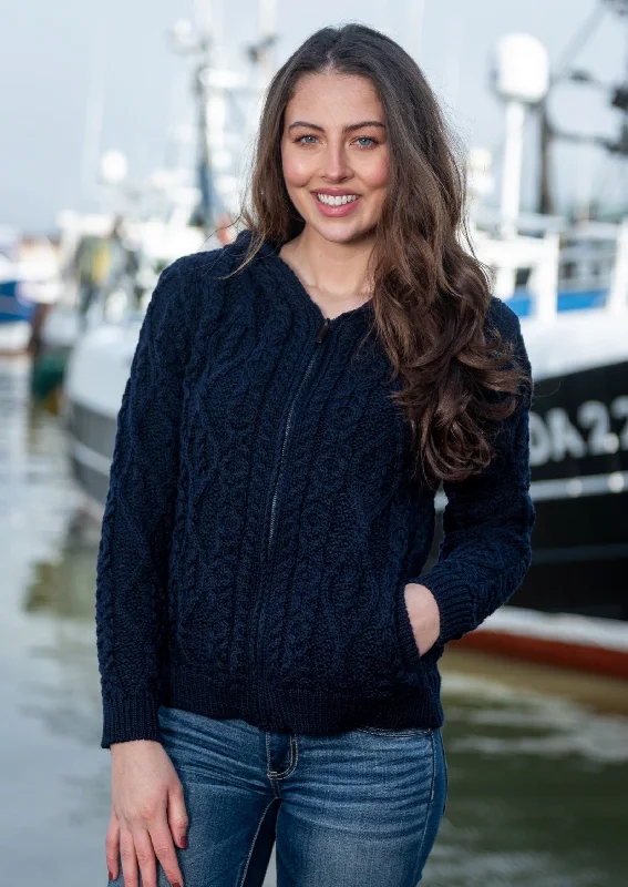 IrelandsEye Women's Aran Hooded Cardigan | Navy Long Cardigan Short Cardigan Medium Cardigan IrelandsEye Women's Aran Hooded Cardigan | Navy Long Cardigan Short Cardigan Medium Cardigan