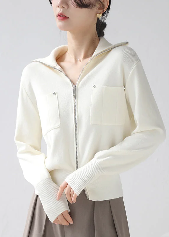 Beige Cozy Patchwork Knit Short Coat Zip Up Pockets Winter Square Neck One-Shoulder Off-the-Shoulder Beige Cozy Patchwork Knit Short Coat Zip Up Pockets Winter Square Neck One-Shoulder Off-the-Shoulder