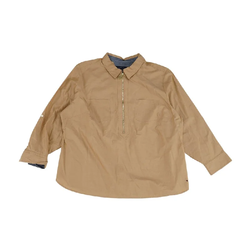 Beige Solid 1/4 Zip Pullover Cold Shoulder Design