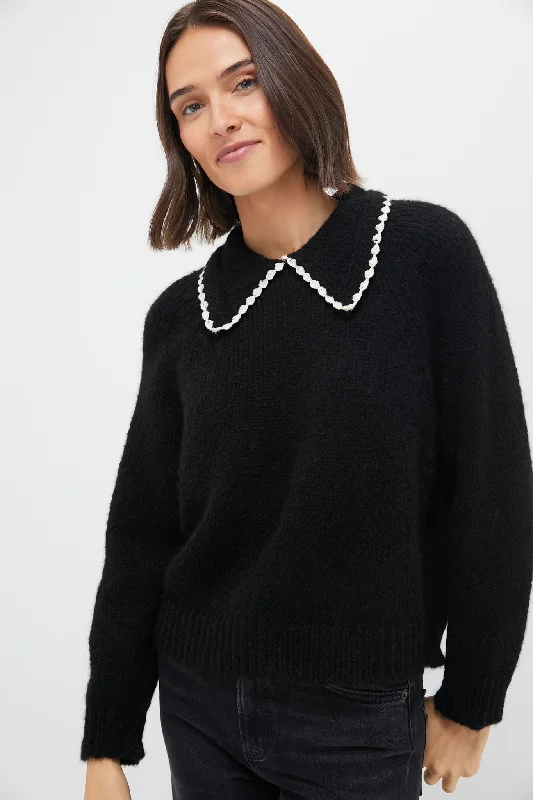 Black with Soft White The Crochet Collar Pullover Ruffle Sleeve Feminine