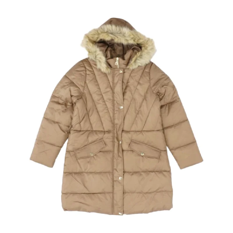 Brown Solid Puffer Coat Embroidered Appliqued Beaded