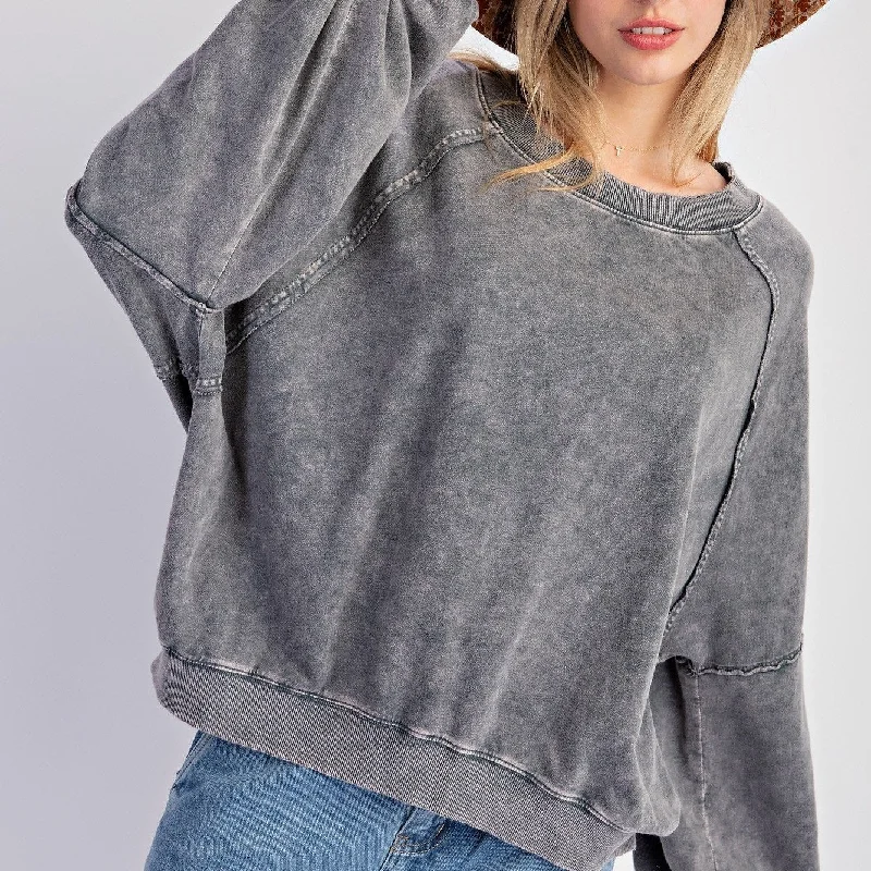 Bubble Sleeves Mineral Washed Terry Knit Pullover Boyleg Sleeve Pullover