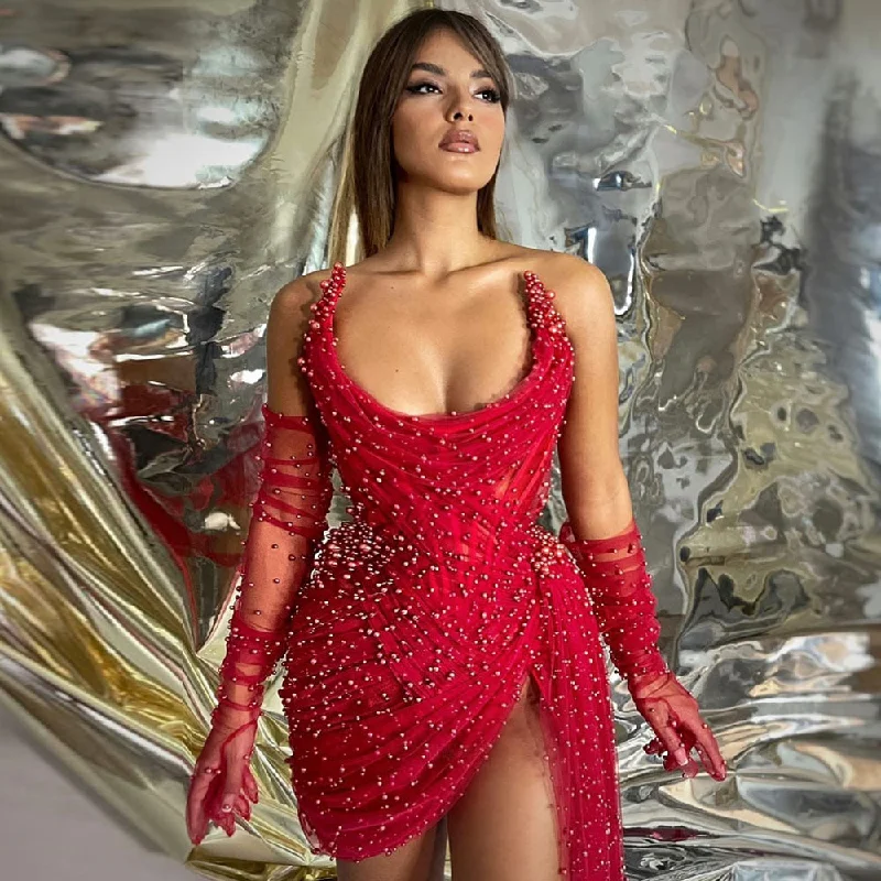 Zjkrl - Burgundy Cocktail Dresses High Side Split Sexy Mini Party Dress For Women  Tulle Pearls Zipper Prom Gown robes de soirée Tunics Office stylish