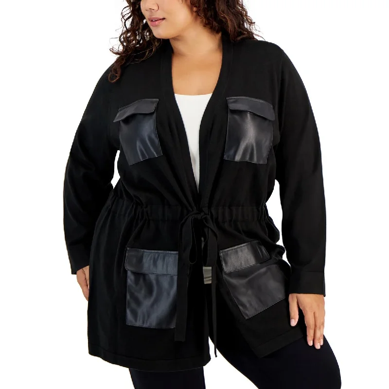 Calvin Klein Womens Plus Faux Leather Trim Jacket Cardigan Sweater Cashmere Blend Cotton Blend Poly Blend Calvin Klein Womens Plus Faux Leather Trim Jacket Cardigan Sweater Cashmere Blend Cotton Blend Poly Blend
