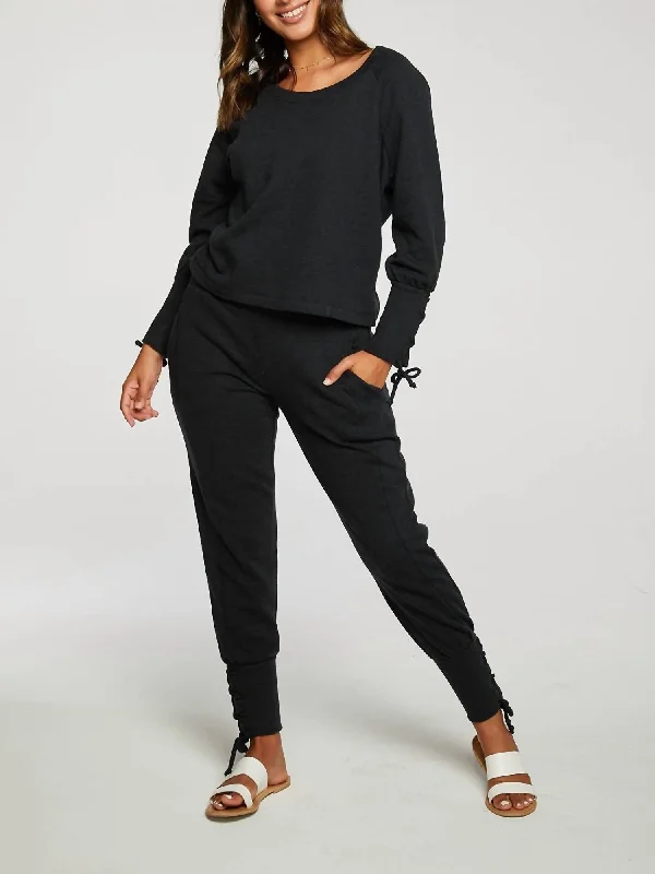 Cashmere Fleece Lace Up Blouson Sleeve Raglan Pullover In True Black Lantern Sleeve Elegant