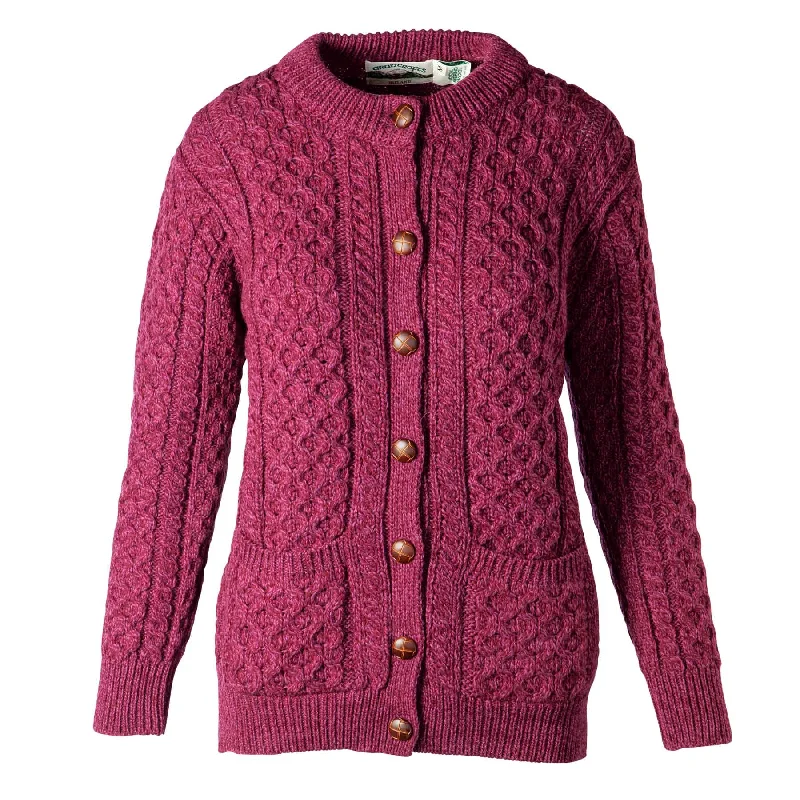 Curragh Leather Button Aran Knit Cardigan- Wine Zippered Front Buttoned Front Snap Front