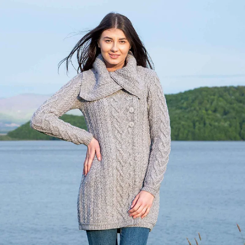 Women's Classic Aran Knit Cable Coat, Grey Houndstooth Coat Plaid Coat Tartan Coat