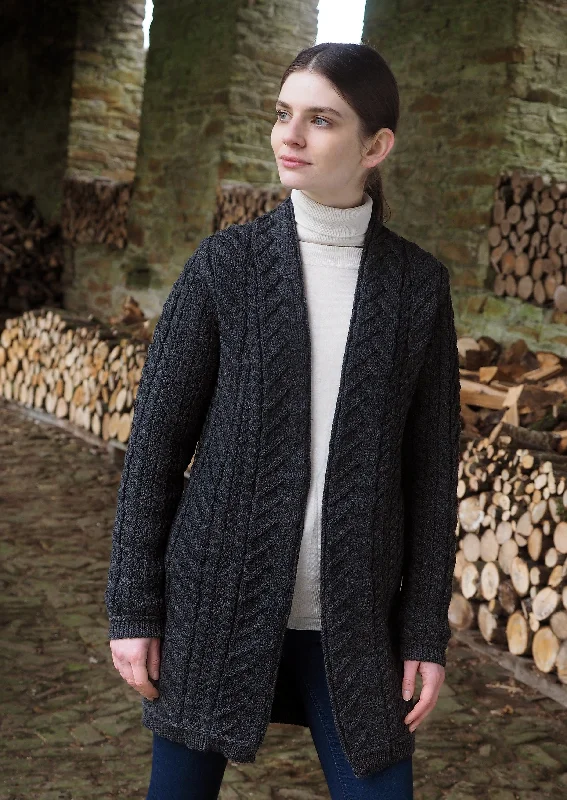 Aran Crafts Bandon Coat | Charcoal Asymmetrical Collar Hooded Zippered