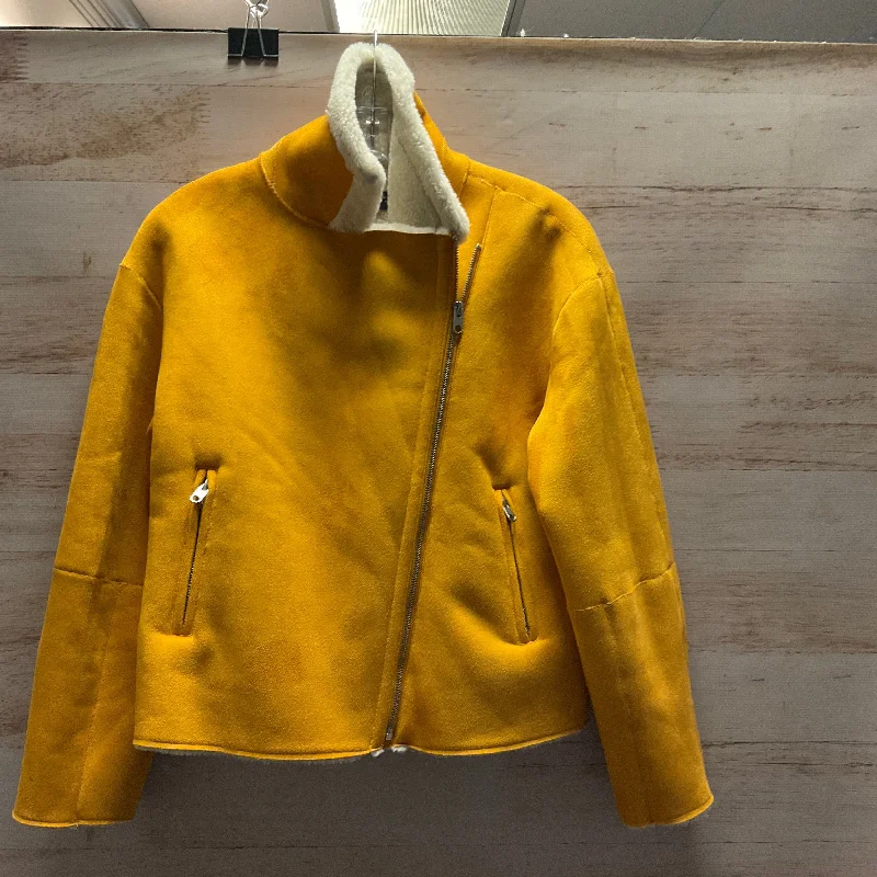 Coat Faux Fur & Sherpa By Zara In Yellow, Size: M Asymmetrical Collar Hooded Zippered Coat Faux Fur & Sherpa By Zara In Yellow, Size: M Asymmetrical Collar Hooded Zippered
