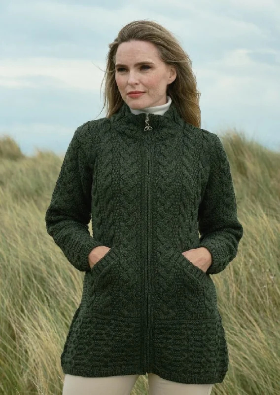 Aran Crafts Cork Long Zip Coat | Green Fleece Down Feather