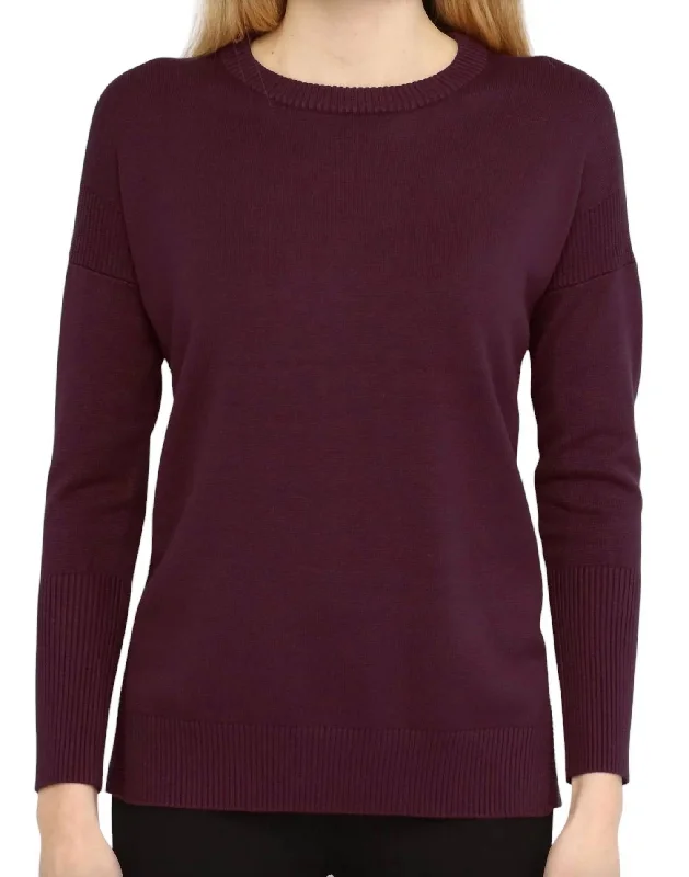 Crew Neck Pullover Top W/ Side Slits In Vineyard Wine Boyleg Sleeve Pullover