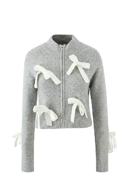 Cute Bow Decor Ribbed Knit Mock Neck Long Sleeve Zip Up Crop Cardigan Spandex Blend Rayon Blend Denim Blend Cute Bow Decor Ribbed Knit Mock Neck Long Sleeve Zip Up Crop Cardigan Spandex Blend Rayon Blend Denim Blend