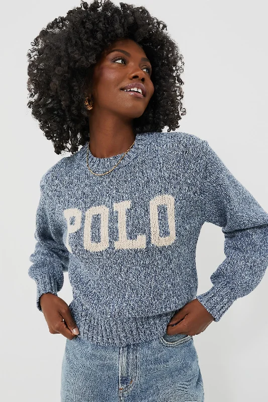 Denim Marl Cotton Long Sleeve Pullover Bardot Neck Top