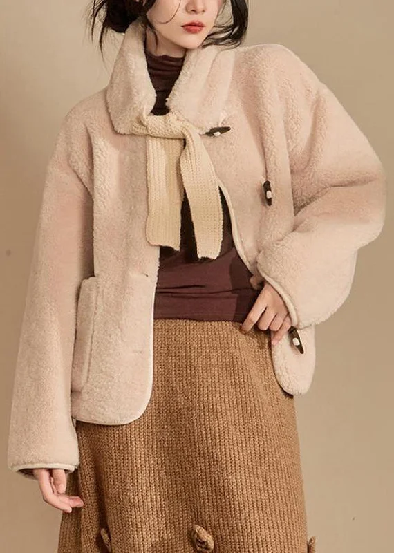 Elegant Beige Scarf Original Design Teddy Faux Fur Coats Winter Jersey Tulle Batik