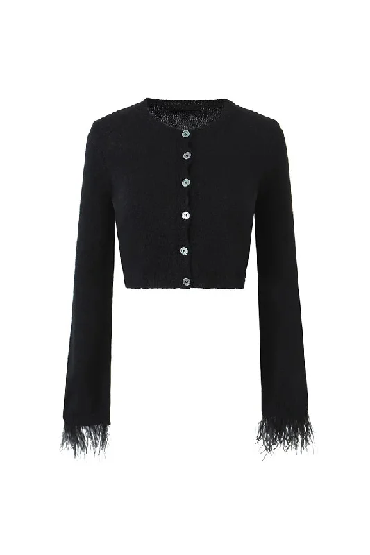Elegant Round Neck Button Up Feather Trim Long Sleeve Crop Knit Cardigan Zippered Front Buttoned Front Snap Front Elegant Round Neck Button Up Feather Trim Long Sleeve Crop Knit Cardigan Zippered Front Buttoned Front Snap Front