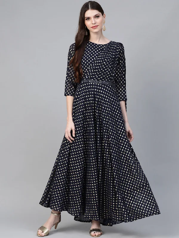 Navy Blue & Golden Foil Printed Maxi Dress With Attached Dupatta Tunics Luxurious high-end Navy Blue & Golden Foil Printed Maxi Dress With Attached Dupatta Tunics Luxurious high-end