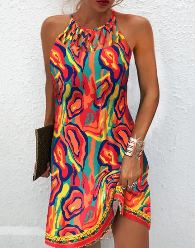 Zjkrl - Fashion Women's Straight Dress 2023 Summer Vacation New Multicolor Abstract Print Hollow Casual Mini Sleeveless Dress Female Tunics Stylish elegant Zjkrl - Fashion Women's Straight Dress 2023 Summer Vacation New Multicolor Abstract Print Hollow Casual Mini Sleeveless Dress Female Tunics Stylish elegant