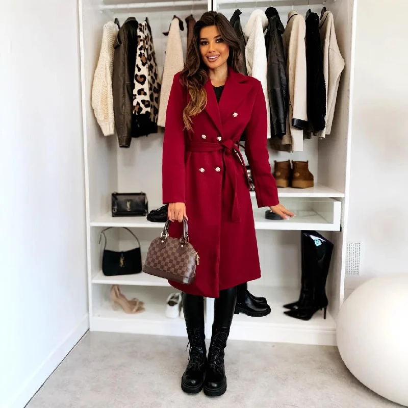 Fashion Solid Color Double-breasted Lace-up Woolen Coat Faux Fur Real Fur Shearling