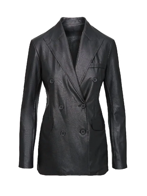 Faux Leather Double - Breasted Blazer Flt200 In Black Women's Formal Blazer