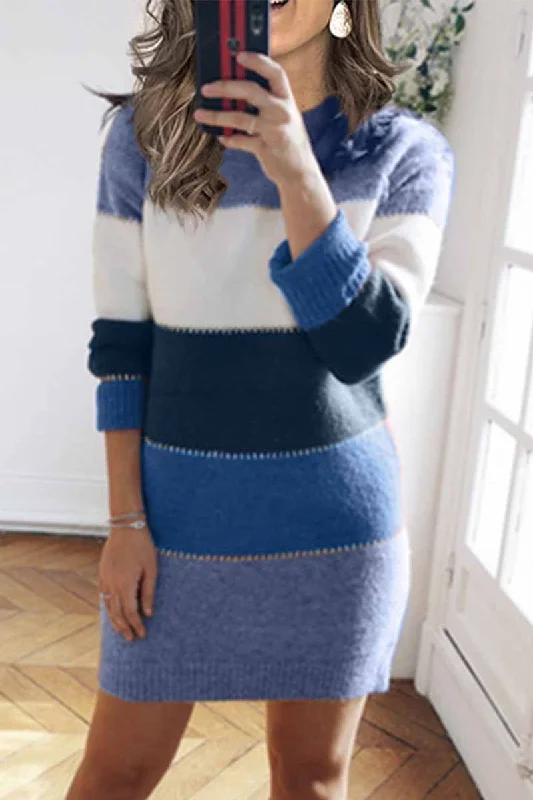 Zjkrl -  Splicing Casual Contrast Mini Dress(3 colors) Crew Neckline Casual